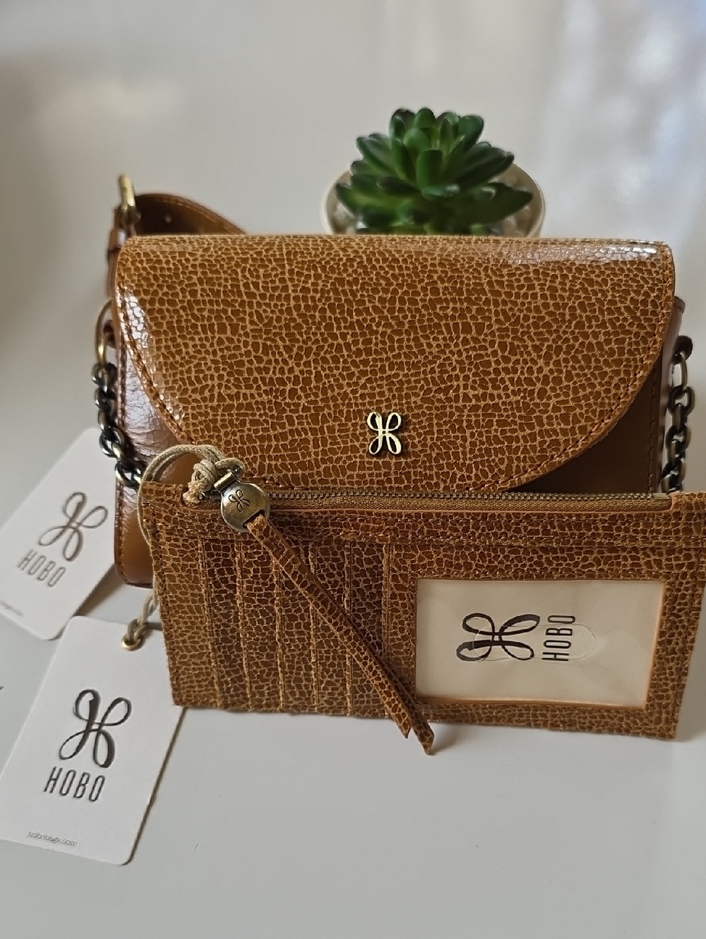 HOBO Brown Textured Crossbody Wallet with Chain And Card Case.